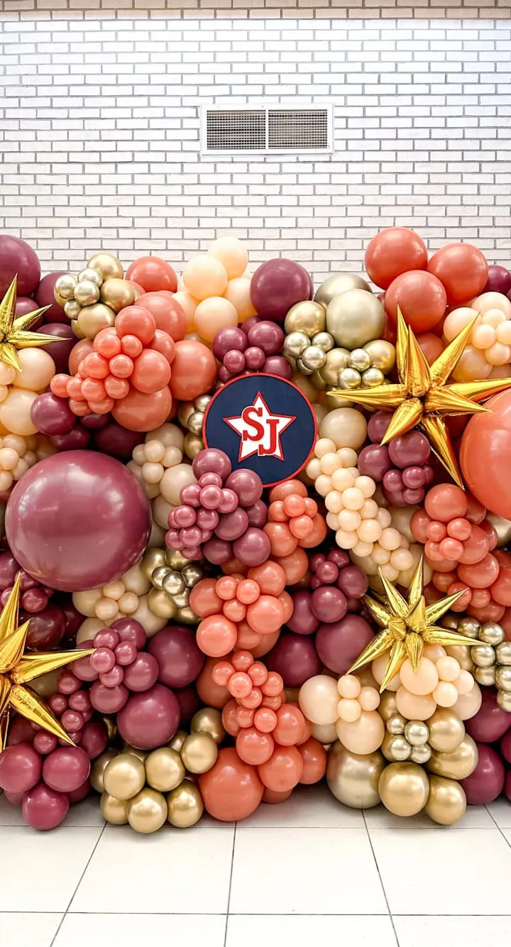 A vibrant display of various colorful fruits, including grapes, tomatoes, and starfruit, arranged in an artistic composition against a plain white brick wall background.