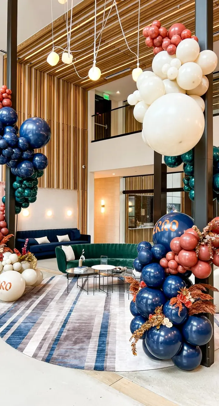 A modern and vibrant lobby space with colorful balloon installations, plush seating, and a patterned floor, creating an inviting and visually striking atmosphere.