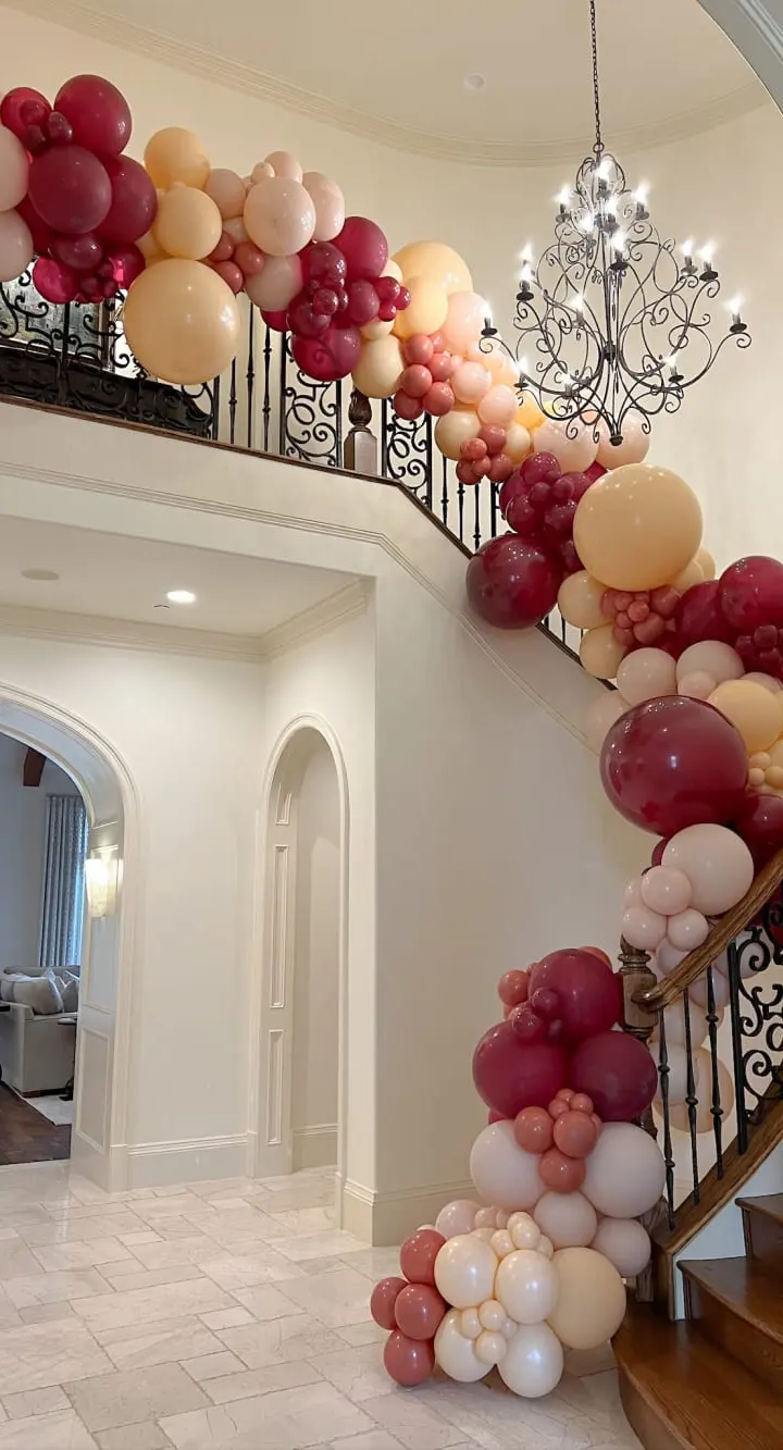 A grand staircase adorned with a vibrant balloon arch in shades of red, pink, and white, leading to a spacious and elegantly decorated interior.